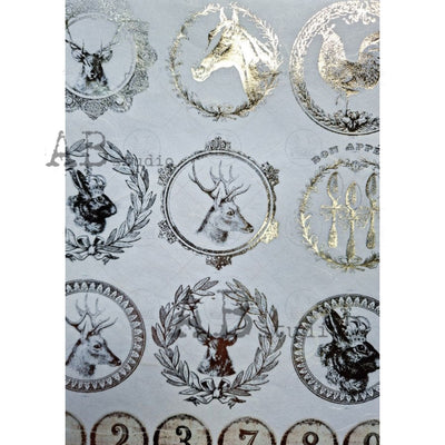 Animal and Number Medallions Gilded Decoupage Rice Paper A4 Item No. 0032 by AB Studio