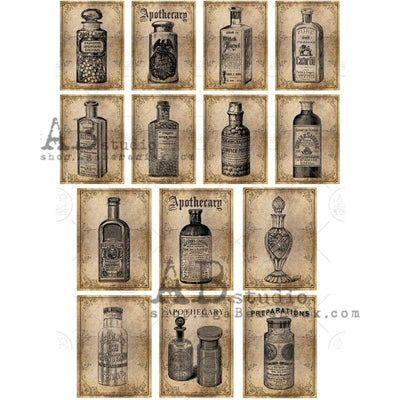 Apothecary Bottles Vintage Labels Decoupage Rice Paper A4 Item No. 0353 by AB Studio