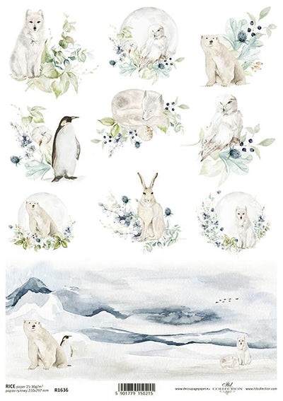 Arctic Winter Animal Labels Decoupage Rice Paper A4 Item R1636 by ITD Collection