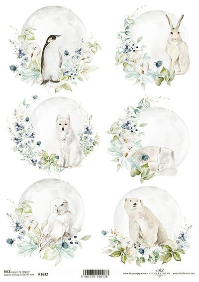 Arctic Winter Animal Medallions Decoupage Rice Paper A4 Item R1632 by ITD Collection
