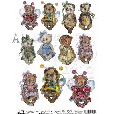 Assorted Teddy Bears Dressed Up Decoupage Rice Paper A4 Item No. 1372 by AB Studio