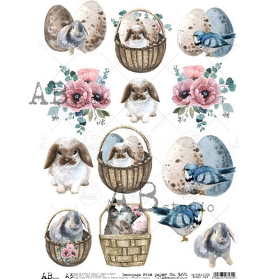 Baskets of Rabbits and Blue Birds Decoupage Rice Paper A3 Item No. 3271 by AB Studio