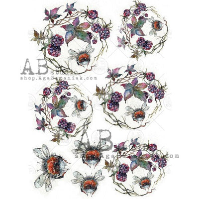 Bees and Berries Decoupage Rice Paper A4 Item No. 0232 by AB Studio