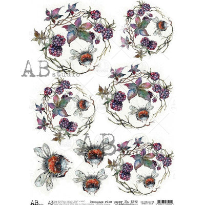 Bees and Berries Medallions Decoupage Rice Paper A3 Item No. 3292 by AB Studio