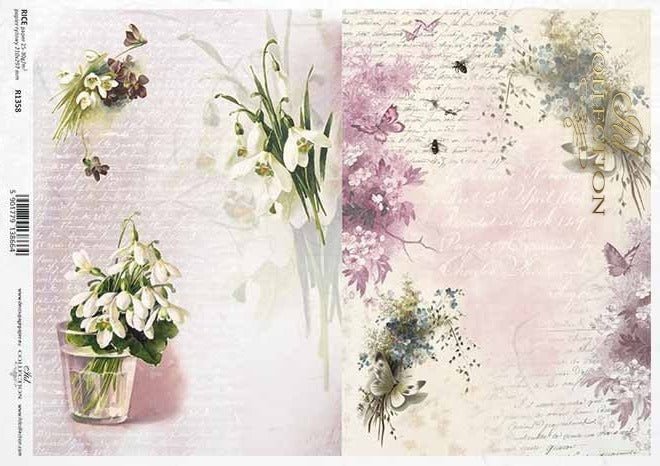 Bees and Butterflies with Flowers Cards Decoupage Rice Paper A4 Item R ...