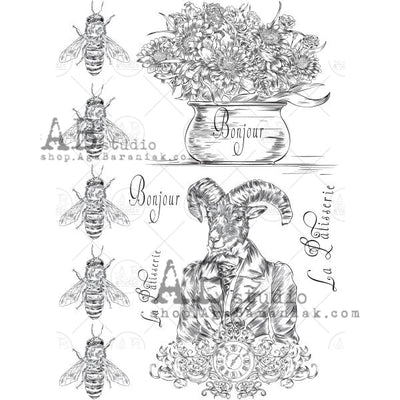 Bees and Sophisticated Ram Labels Decoupage Rice Paper A4 Item No. 0304 by AB Studio