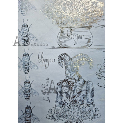 Bees and Sophisticated Ram Labels Gilded Decoupage Rice Paper A4 Item No. 1018 by AB Studio