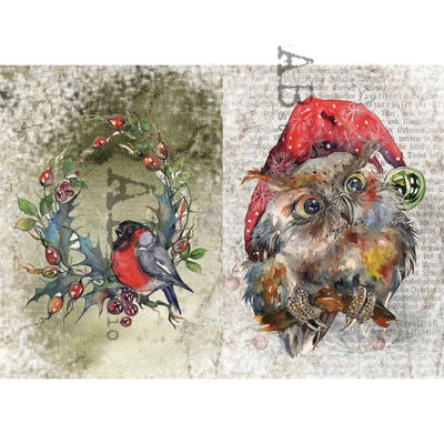 Bird in Wreath and Festive Owl Cards Decoupage Rice Paper A3 Item No. 3586 by AB Studio