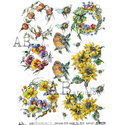 Birds and Bees with some Berries and Flowers Decoupage Rice Paper A3 Item No. 3494 by AB Studio