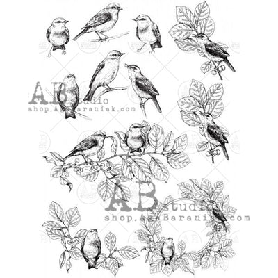 Birds and Leaves Black and White Decoupage Rice Paper A4 Item No. 0213 by AB Studio