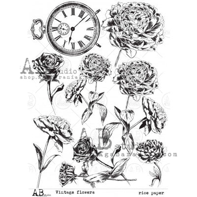 Black and White Flowers with Clock Decoupage Rice Paper A4 Item No. 0022 by AB Studio