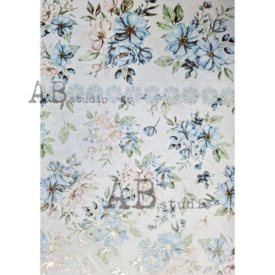 Blue and Pink Flowers Gilded Decoupage Rice Paper A4 Item No. 0013 by AB Studio