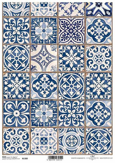 Blue and White Casa Tiles Decoupage Rice Paper A4 Item R1380 by ITD Collection