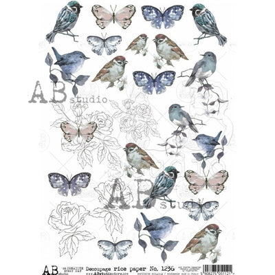 Blue Birds and Butterflies with White Flowers Decoupage Rice Paper A4 Item No. 1236 by AB Studio