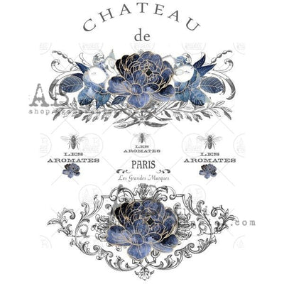 Blue Chateau de Paris Flower Labels Decoupage Rice Paper A4 Item No. 0639 by AB Studio
