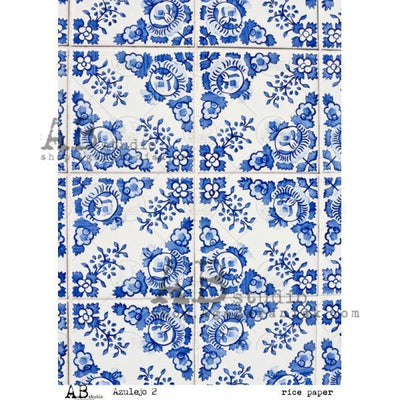Blue Decorative Floral Tiles Decoupage Rice Paper A4 Item No. 0089 by AB Studio