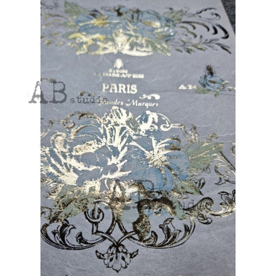 Blue Floral Chateau Paris Gilded Decoupage Rice Paper A4 Item No. 0065 by AB Studio