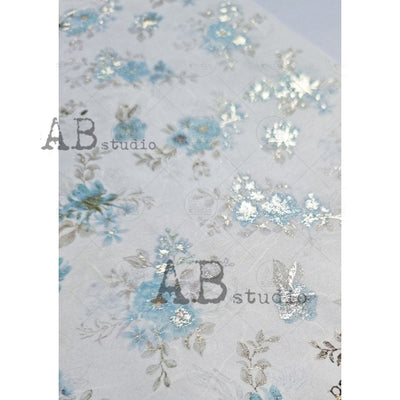 Blue Flowers Gilded Decoupage Rice Paper A4 Item No. 0036 by AB Studio