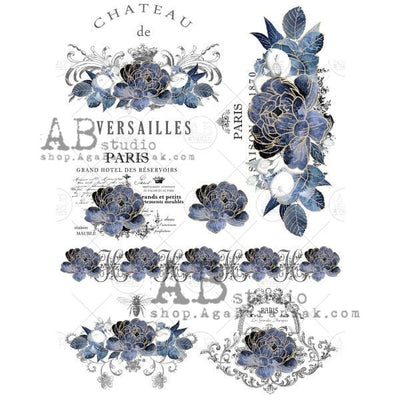 Blue Parisian Flower Labels Decoupage Rice Paper A4 Item No. 0671 by AB Studio