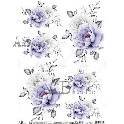 Blue Peony Medallions Decoupage Rice Paper A3 Item No. 3062 by AB Studio