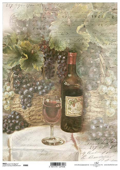 Bottle of Red Wine and Grapes Decoupage Rice Paper A4 Item R0980 by ITD Collection