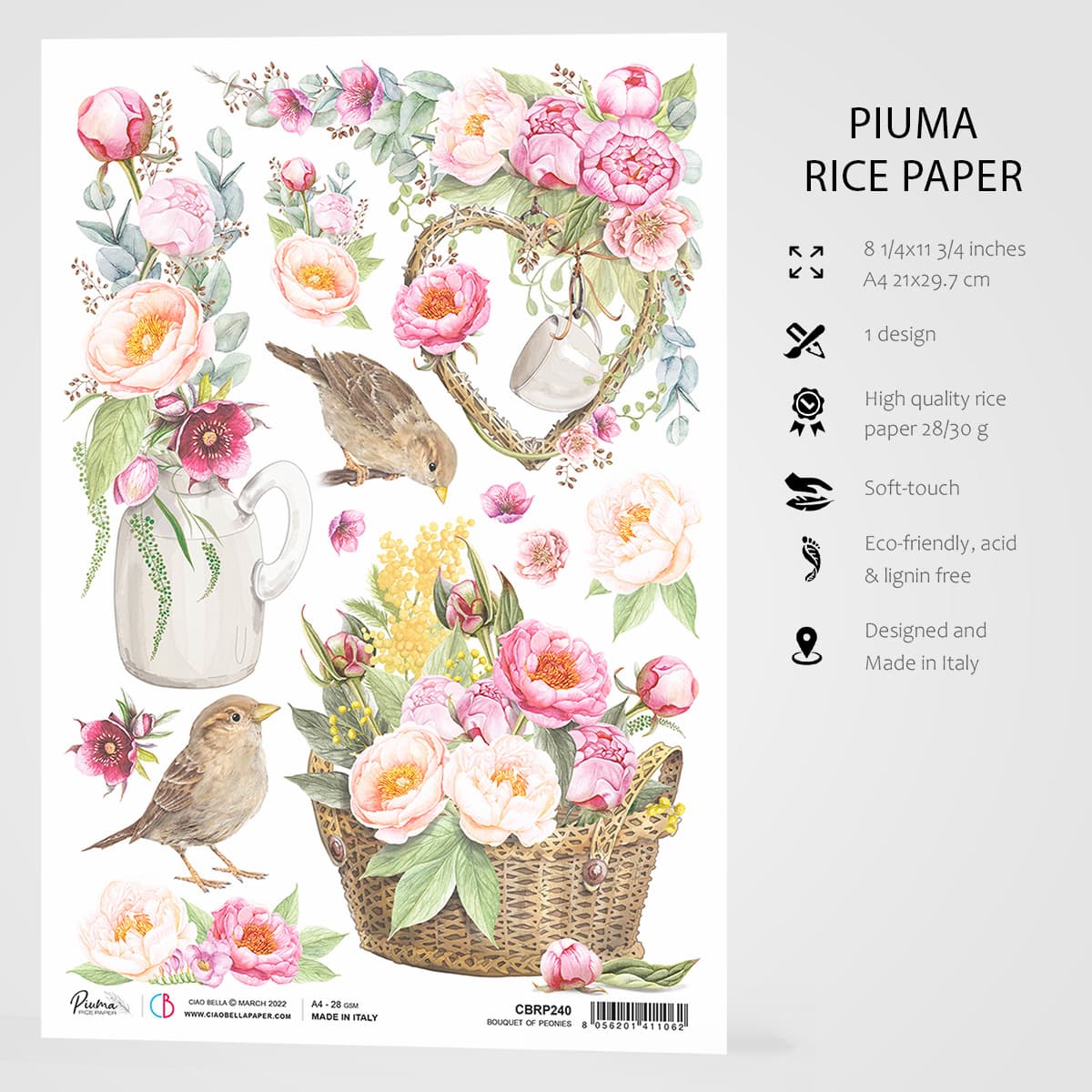 Peony Rice Paper Bouquet of Peonies - A4 Rice Paper Sparrow Hill Ciao Bella Collection ...