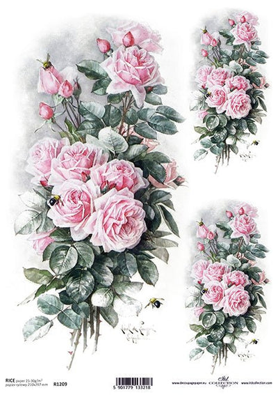 Bumble Bees and Pink Rose Labels Decoupage Rice Paper A4 Item R1209 by ITD Collection