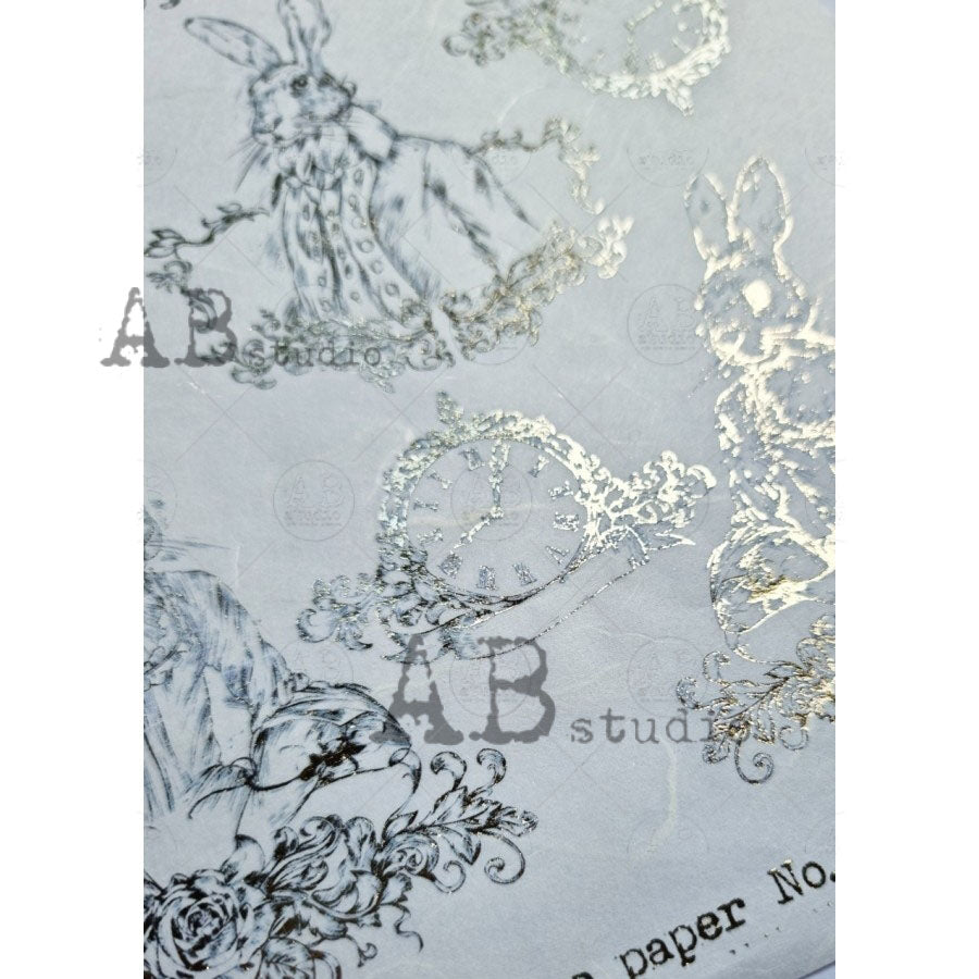 Bunny Rabbits and Clocks Gilded Decoupage Rice Paper A4 Item No. 1017 ...