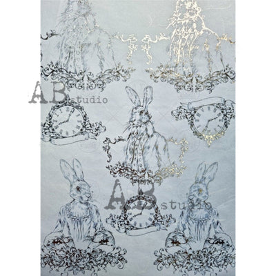 Bunny Rabbits and Clocks Gilded Decoupage Rice Paper A4 Item No. 0017 by AB Studio