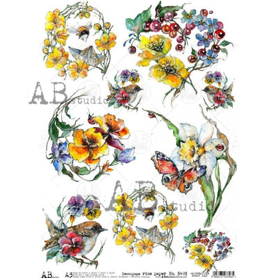 Butterflies and Bees with Birds and Flowers Decoupage Rice Paper A3 Item No. 3493 by AB Studio