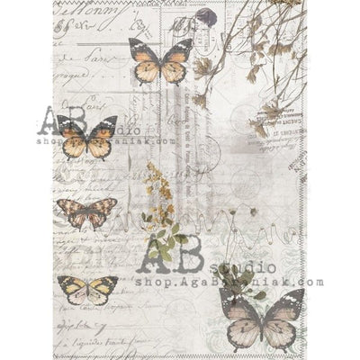 Butterflies and Script Text Decoupage Rice Paper A4 Item No. 0627 by AB Studio