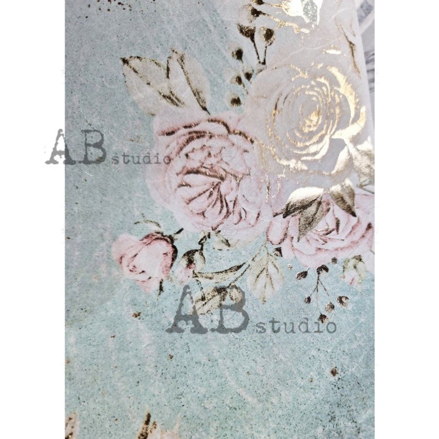 Cabbage Roses with Teal Background Gilded Decoupage Rice Paper A4 Item ...
