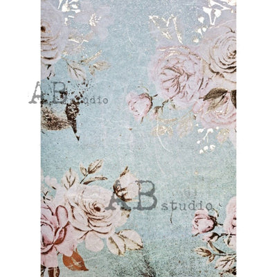 Cabbage Roses with Teal Background Gilded Decoupage Rice Paper A4 Item No. 0054 by AB Studio