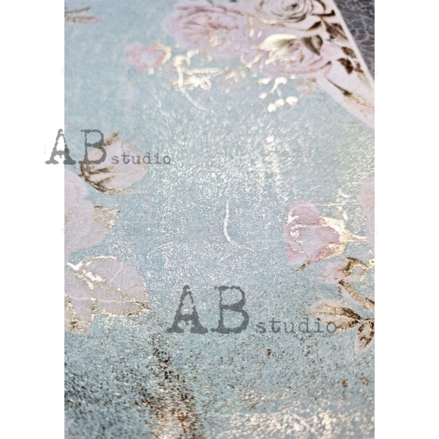 Cabbage Roses with Teal Background Gilded Decoupage Rice Paper A4 Item ...