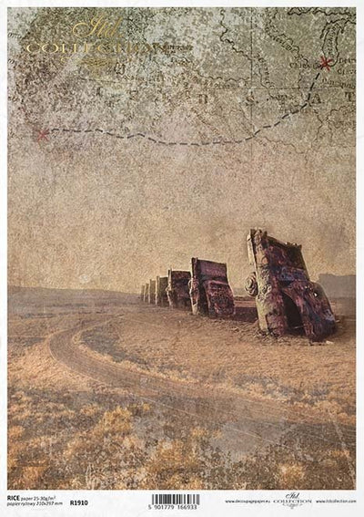 Cadillac Ranch Decoupage Rice Paper A4 Item R1910 by ITD Collection
