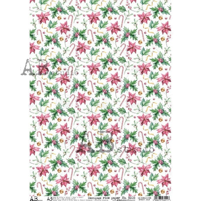 Candy Canes and Poinsettias Decoupage Rice Paper A3 Item No. 3108 by AB Studio