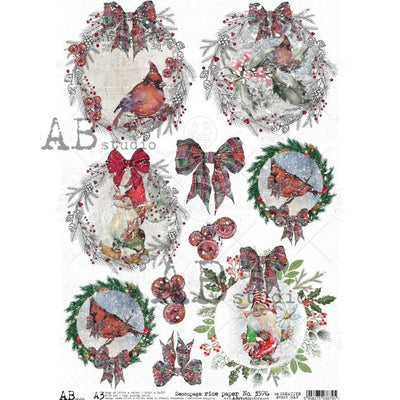 Cardinal and Gnome Medallions Decoupage Rice Paper A3 Item No. 3576 by AB Studio