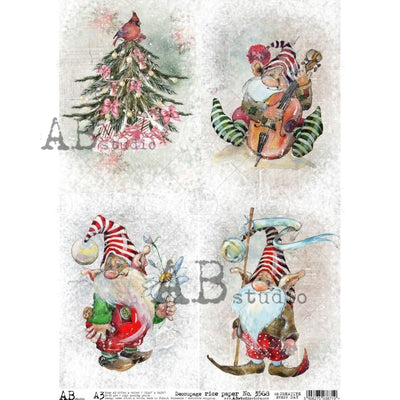 Cardinal in a Tree and Merry Gnome Cards Decoupage Rice Paper A3 Item No. 3568 by AB Studio