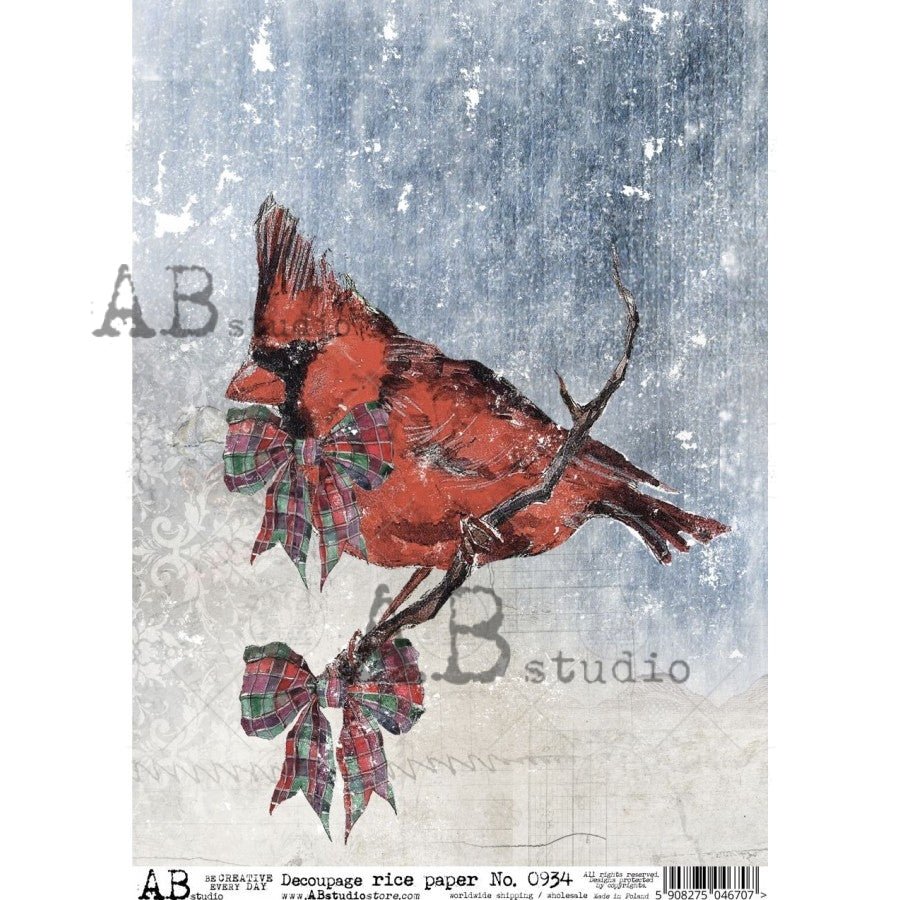 Cardinal Rice Cardinal on a Branch Decoupage Rice Paper A4 Item No. 0934 by AB Studi ...
