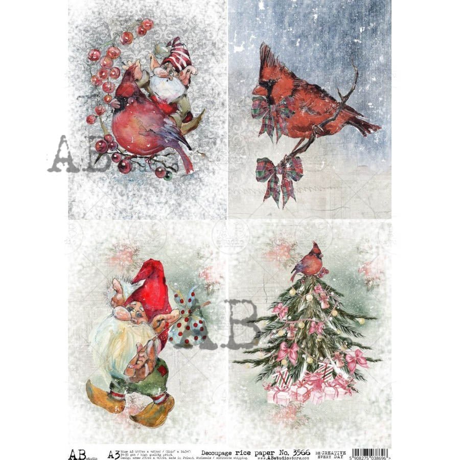 Cardinals and Gnome Cards Decoupage Rice Paper A3 Item No. 3566 by AB ...