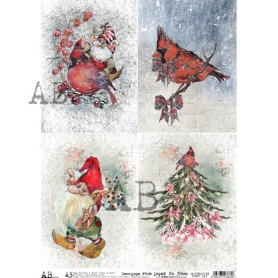Cardinals and an Elf Cards Decoupage Rice Paper A3 Item No. 3566 by AB Studio