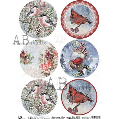 Cardinals and Birds Medallions Decoupage Rice Paper A3 Item No. 3574 by AB Studio