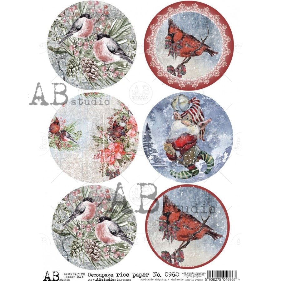 Cardinal Rice Cardinals and Birds Medallions Decoupage Rice Paper A4 Item No. 0960 b ...