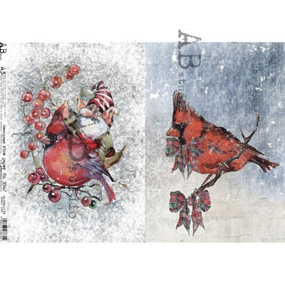 Cardinals and Gnome Riding a Gnome Cards Decoupage Rice Paper A3 Item No. 3567 by AB Studio