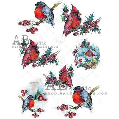 Cardinals and Holly Berries Decoupage Rice Paper A4 Item No. 0448 by AB Studio