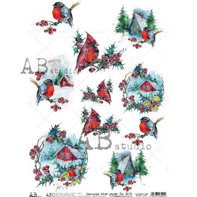 Cardinals and Winter Homes Medallions Decoupage Rice Paper A3 Item No. 3191 by AB Studio