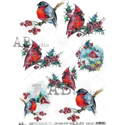 Cardinals on Holly Branch Winter Homes Decoupage Rice Paper A3 Item No. 3192 by AB Studio