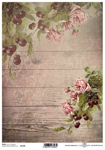 Cherries and Pink Roses Decoupage Rice Paper A4 Item R1195 by ITD Collection