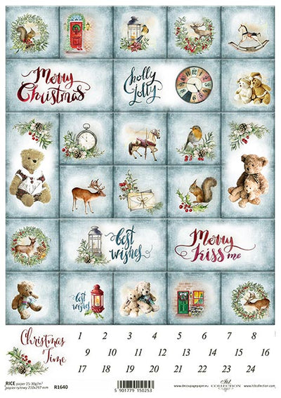Christmas Time Advent Decoupage Rice Paper A4 Item R1640 by ITD Collection