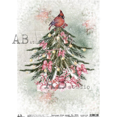 Christmas Tree with Presents and a Cardinal Medallions Decoupage Rice Paper A3 Item No. 3551 by AB Studio